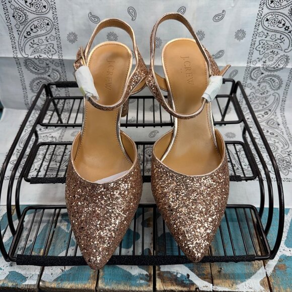 New J. Crew Factory glittery pointy toe heels Champagne Chucky glitter Womans 9 - Picture 3 of 11